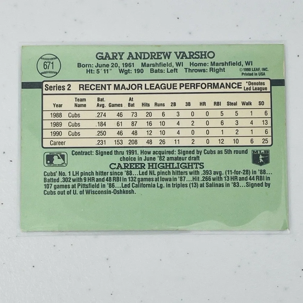 Gary Varsho 671 Donruss 1991 MLB Baseball Trading Card